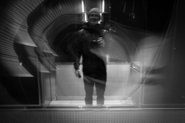 Blurred self portrait of Mike Thurk in black and white