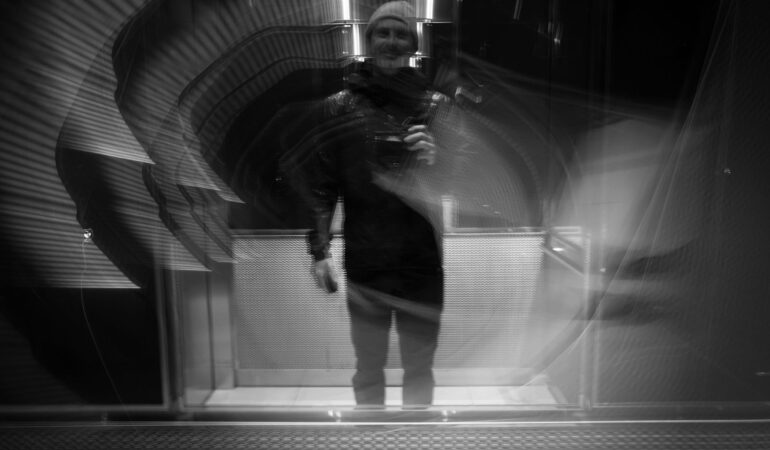 Blurred self portrait of Mike Thurk in black and white