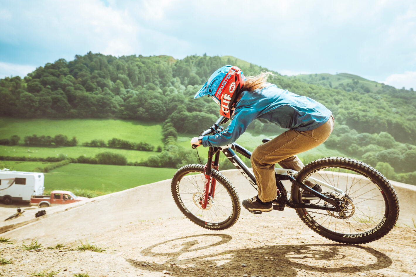 Action shot of Casey Brown mountain biking