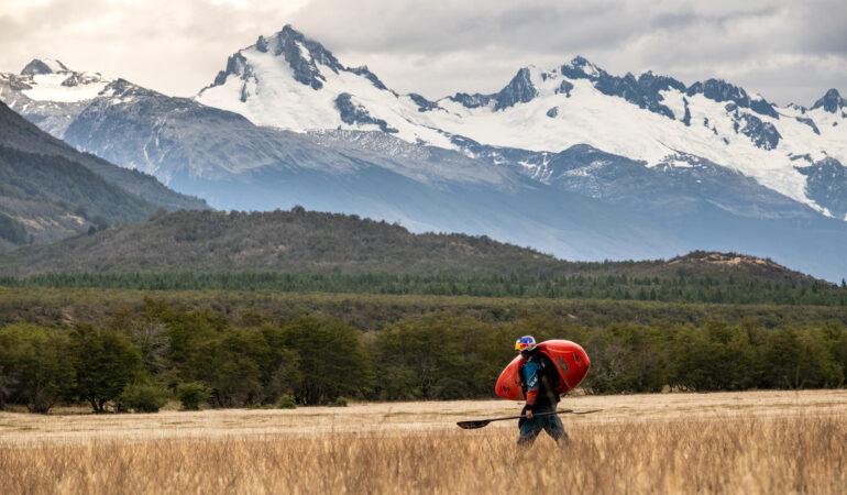 Nouria Newman is seen hiking into Putin toward the Rio Baker in Patagonia, Chile on